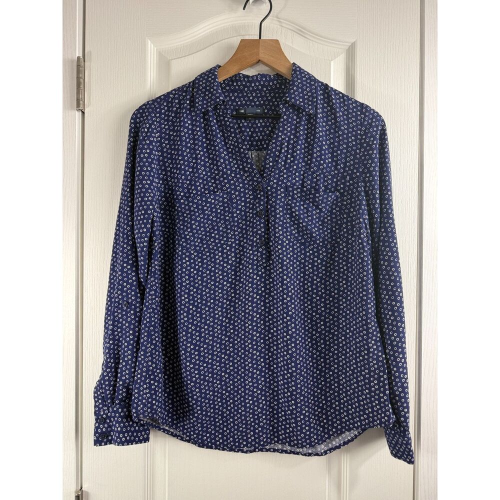 Gap Women's Long Sleeve Rayon Popover Top Navy Blue Dot Print Size S Small